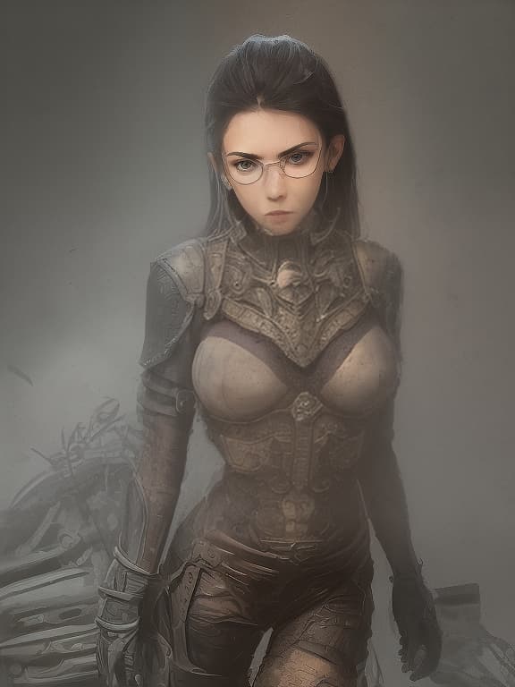  A girl with black hair and almond shaped yellow eyes, a straight nose, and thin lips. Wearing motorcycle glasses. In a leather covered brown body armor., dark , creepy , blood , monsters , by Jason Engle , Carlos Huante , Charlie Bowater , Simon Lee , Brom hyperrealistic, full body, detailed clothing, highly detailed, cinematic lighting, stunningly beautiful, intricate, sharp focus, f/1. 8, 85mm, (centered image composition), (professionally color graded), ((bright soft diffused light)), volumetric fog, trending on instagram, trending on tumblr, HDR 4K, 8K