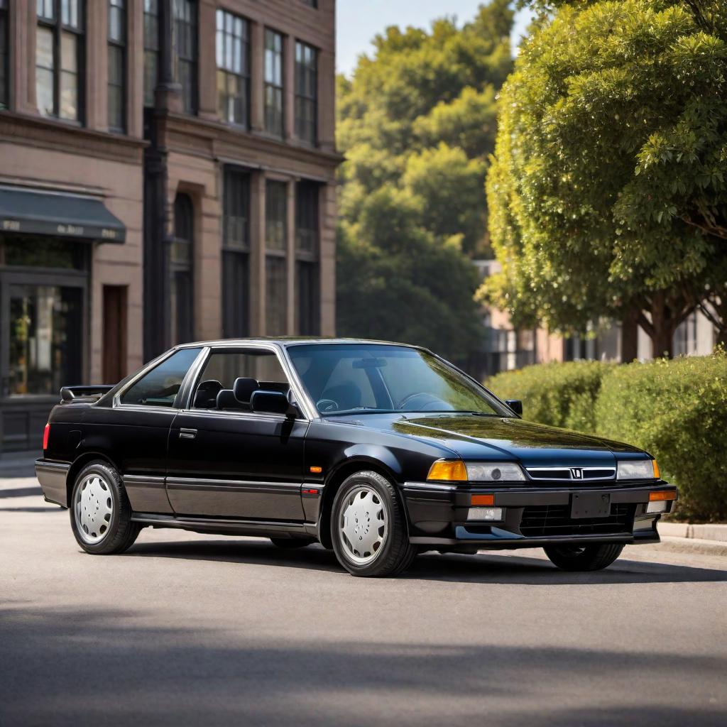  1992 Honda Accord Coupe in black color, parked on a road. The car should emphasize its sporty design elements, including its sleek front grille, distinctive alloy wheels, and classic early 90s coupe body lines. The background should be simple to keep the focus on the car. hyperrealistic, full body, detailed clothing, highly detailed, cinematic lighting, stunningly beautiful, intricate, sharp focus, f/1. 8, 85mm, (centered image composition), (professionally color graded), ((bright soft diffused light)), volumetric fog, trending on instagram, trending on tumblr, HDR 4K, 8K