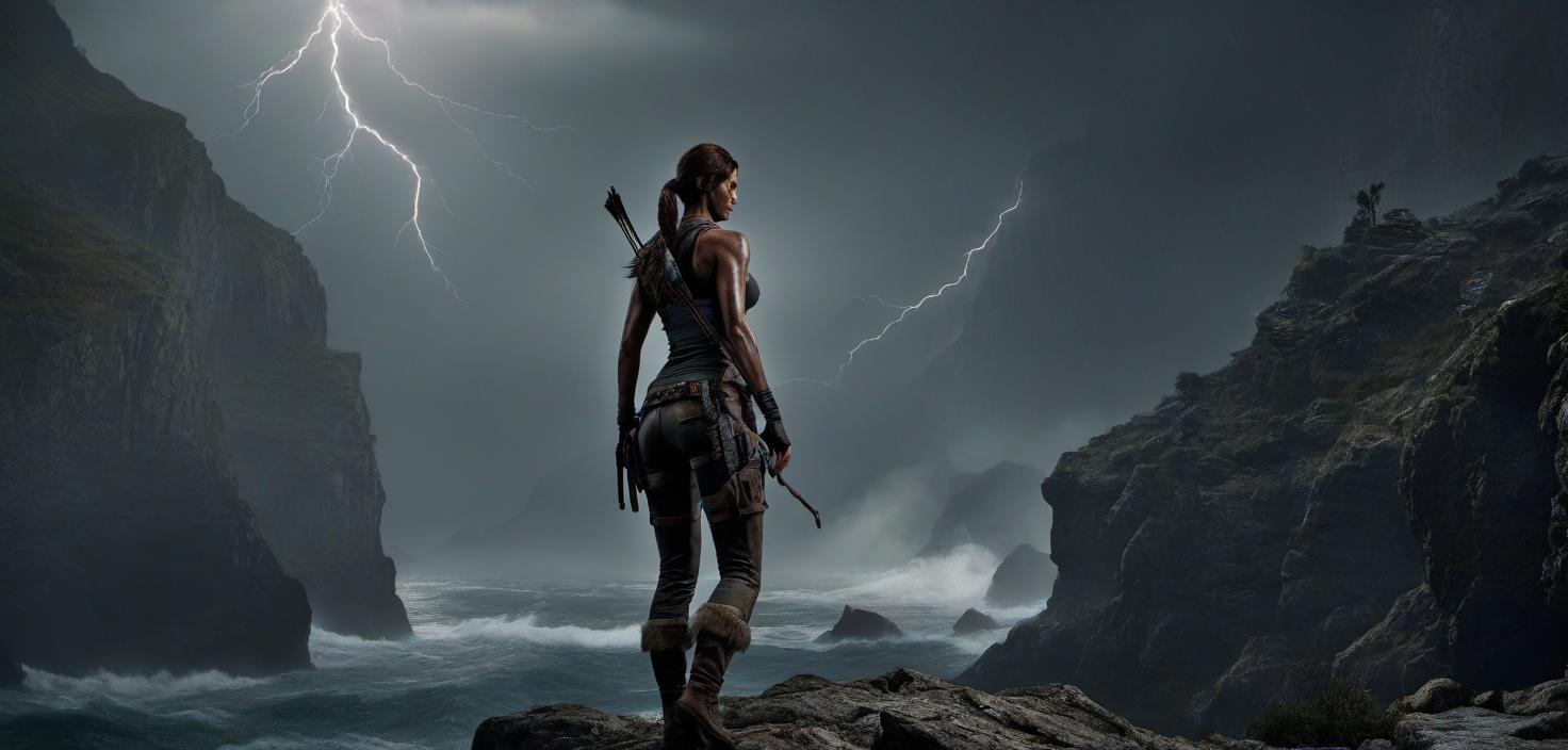  macabre style Tomb Raider 2013, storm, lightning, wind, sea, cliffs, survival. . dark, gothic, grim, haunting, highly detailed hyperrealistic, full body, detailed clothing, highly detailed, cinematic lighting, stunningly beautiful, intricate, sharp focus, f/1. 8, 85mm, (centered image composition), (professionally color graded), ((bright soft diffused light)), volumetric fog, trending on instagram, trending on tumblr, HDR 4K, 8K