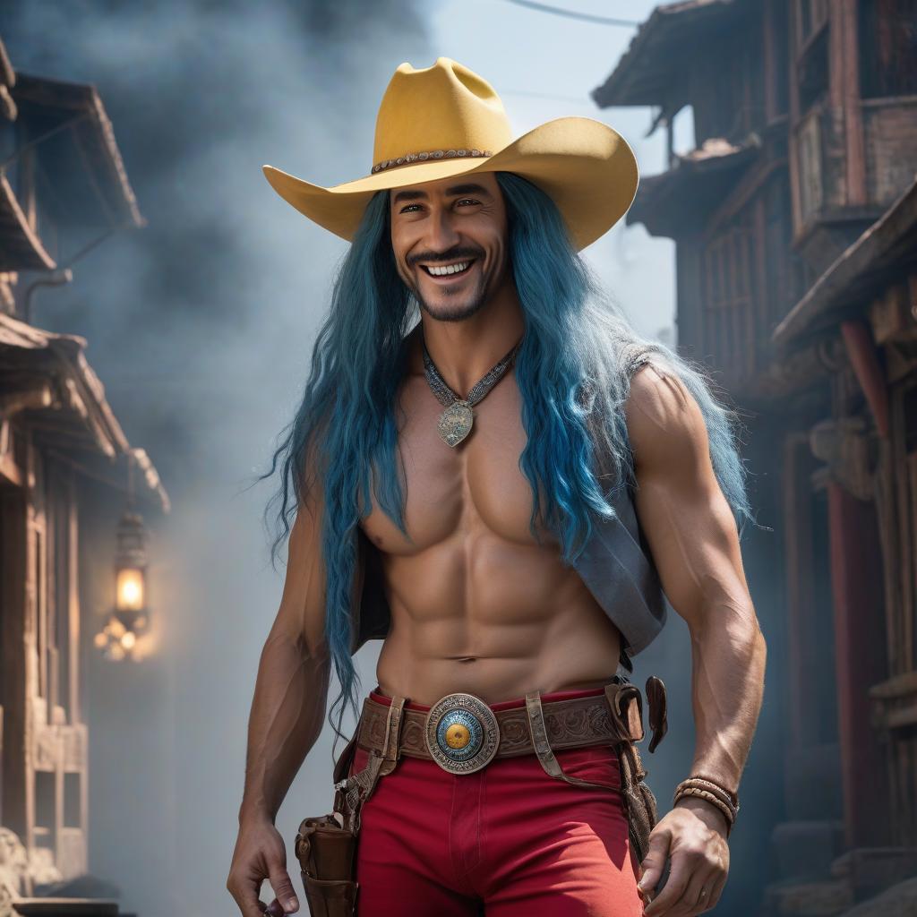  The guy is wearing a cowboy yellow hat, he's wearing red pants and a blue chonsam top with buckles. He has long blue hair. The guy has a wide grin. He has belts hanging down over his hips. hyperrealistic, full body, detailed clothing, highly detailed, cinematic lighting, stunningly beautiful, intricate, sharp focus, f/1. 8, 85mm, (centered image composition), (professionally color graded), ((bright soft diffused light)), volumetric fog, trending on instagram, trending on tumblr, HDR 4K, 8K