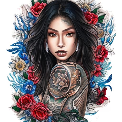 portrait+ style Check out this stunning tattoo sketch featuring a fierce brunette woman! Her Japanese, Puerto Rican, and Scandinavian roots shine through in the intricate artwork. Urban motifs like roses, peonies, and chrysanthemums blend seamlessly with symbols of skulls, money, and coy fish, creating a unique fusion of cultures. This traditional pinup style design beautifully incorporates influences from Puerto Rican and Japanese street gang culture, resulting in a mesmerizing blend of cultural symbolism and artistic expression.