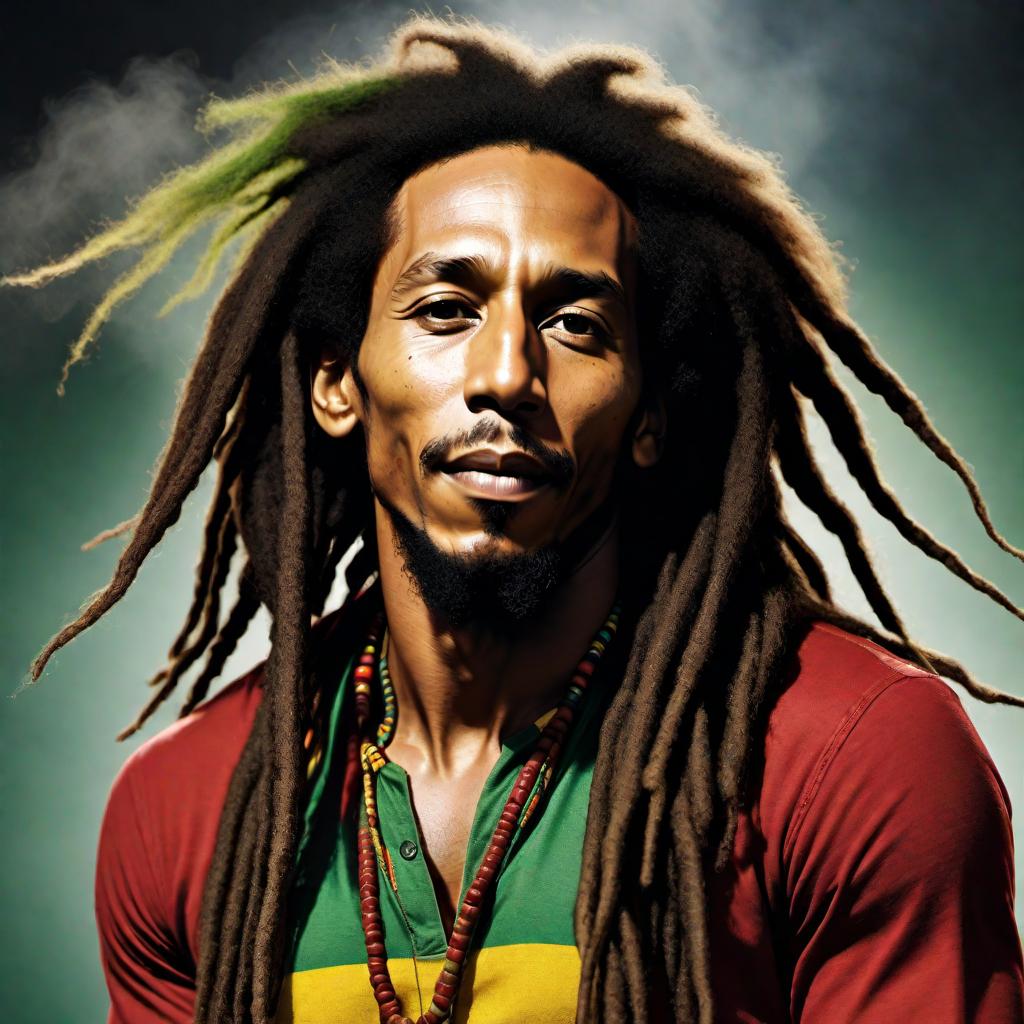  A realistic and detailed depiction of Bob Marley, capturing his iconic features such as his dreadlocks, expressive face, and charismatic presence. Use a style that closely resembles real-life appearances, incorporating elements like musical instruments and a Rastafarian color palette with reds, greens, and yellows. hyperrealistic, full body, detailed clothing, highly detailed, cinematic lighting, stunningly beautiful, intricate, sharp focus, f/1. 8, 85mm, (centered image composition), (professionally color graded), ((bright soft diffused light)), volumetric fog, trending on instagram, trending on tumblr, HDR 4K, 8K