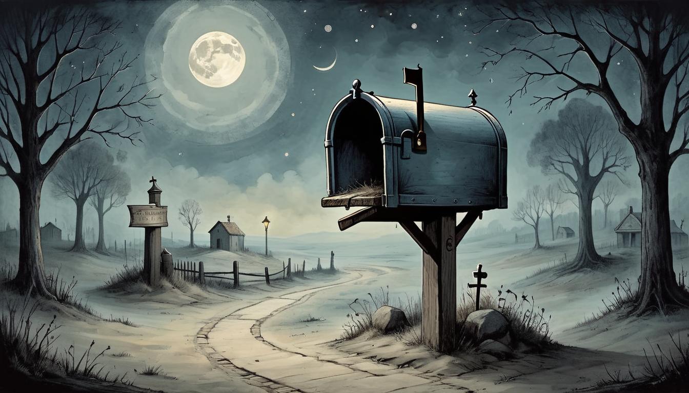  on parchment, surrealism+++, empty mailbox under moonlight, neglected invitations, figure standing alone, echoes of conversations, feelings of exclusion, somber tones(mysterious, provocative, symbolic,muted color)+++