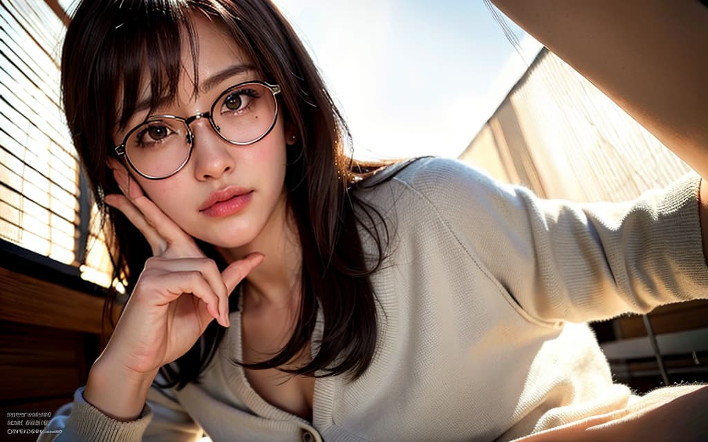  Glasses tea brown shortcuts, (Masterpiece, BestQuality:1.3), (ultra detailed:1.2), (hyperrealistic:1.3), (RAW photo:1.2),High detail RAW color photo, professional photograph, (Photorealistic:1.4), (realistic:1.4), ,professional lighting, (japanese), beautiful face, (realistic face)