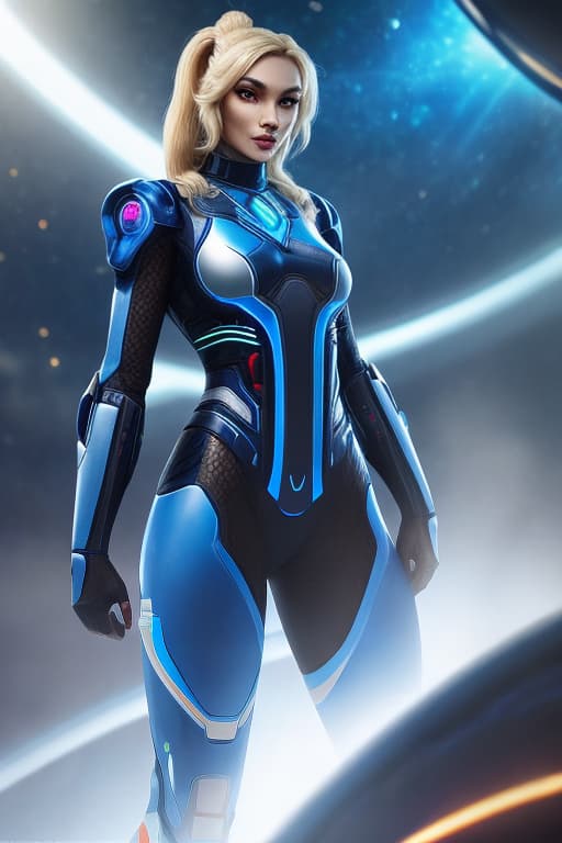  A young woman in her early twenties with long, blonde twin tails. She is dressed in a dynamic and futuristic costume, combining elements of traditional and modern design. Her expression should be determined and strong, reflecting her role as a hero. Incorporate elements of space and technology into her design. hyperrealistic, full body, detailed clothing, highly detailed, cinematic lighting, stunningly beautiful, intricate, sharp focus, f/1. 8, 85mm, (centered image composition), (professionally color graded), ((bright soft diffused light)), volumetric fog, trending on instagram, trending on tumblr, HDR 4K, 8K
