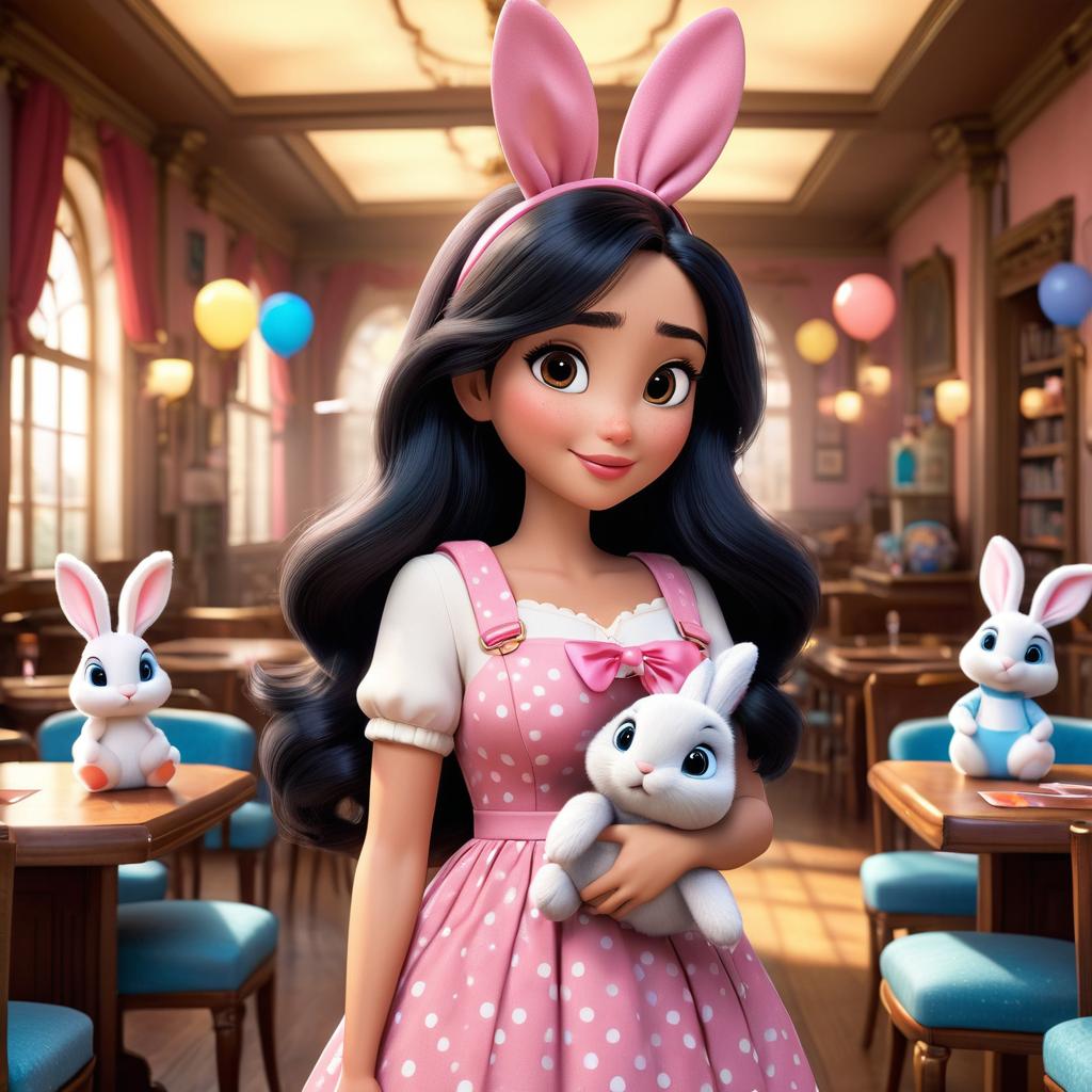  [Subject Description]: Paris, a bright young with long black hair tied in two ids with pink ribbons, wearing a cute pink dress with white polka dots and a small blue backpack with bunny prints, clasping her bunny stuffed animal tightly, looking anxious. [Environment Description]: In a clroom at Fluffy Clouds pre , with colorful decorations, small tables, and chairs around, evoking a warm and friendly atmosphere. [Art Style]: High resolution, Pixar 3D animated film style with detailed rendering. [Color and Light]: Bright, soft lights with a warm feel, emphasizing the cheerful yet slightly overwhelming clroom environment. [Camera Angle and Composition]: Medium shot focusing on Paris’s face and upper body, capturing her a hyperrealistic, full body, detailed clothing, highly detailed, cinematic lighting, stunningly beautiful, intricate, sharp focus, f/1. 8, 85mm, (centered image composition), (professionally color graded), ((bright soft diffused light)), volumetric fog, trending on instagram, trending on tumblr, HDR 4K, 8K