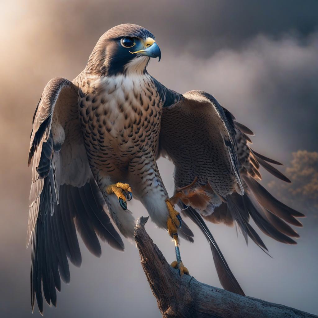  Prince of the Sky, Falcon hyperrealistic, full body, detailed clothing, highly detailed, cinematic lighting, stunningly beautiful, intricate, sharp focus, f/1. 8, 85mm, (centered image composition), (professionally color graded), ((bright soft diffused light)), volumetric fog, trending on instagram, trending on tumblr, HDR 4K, 8K