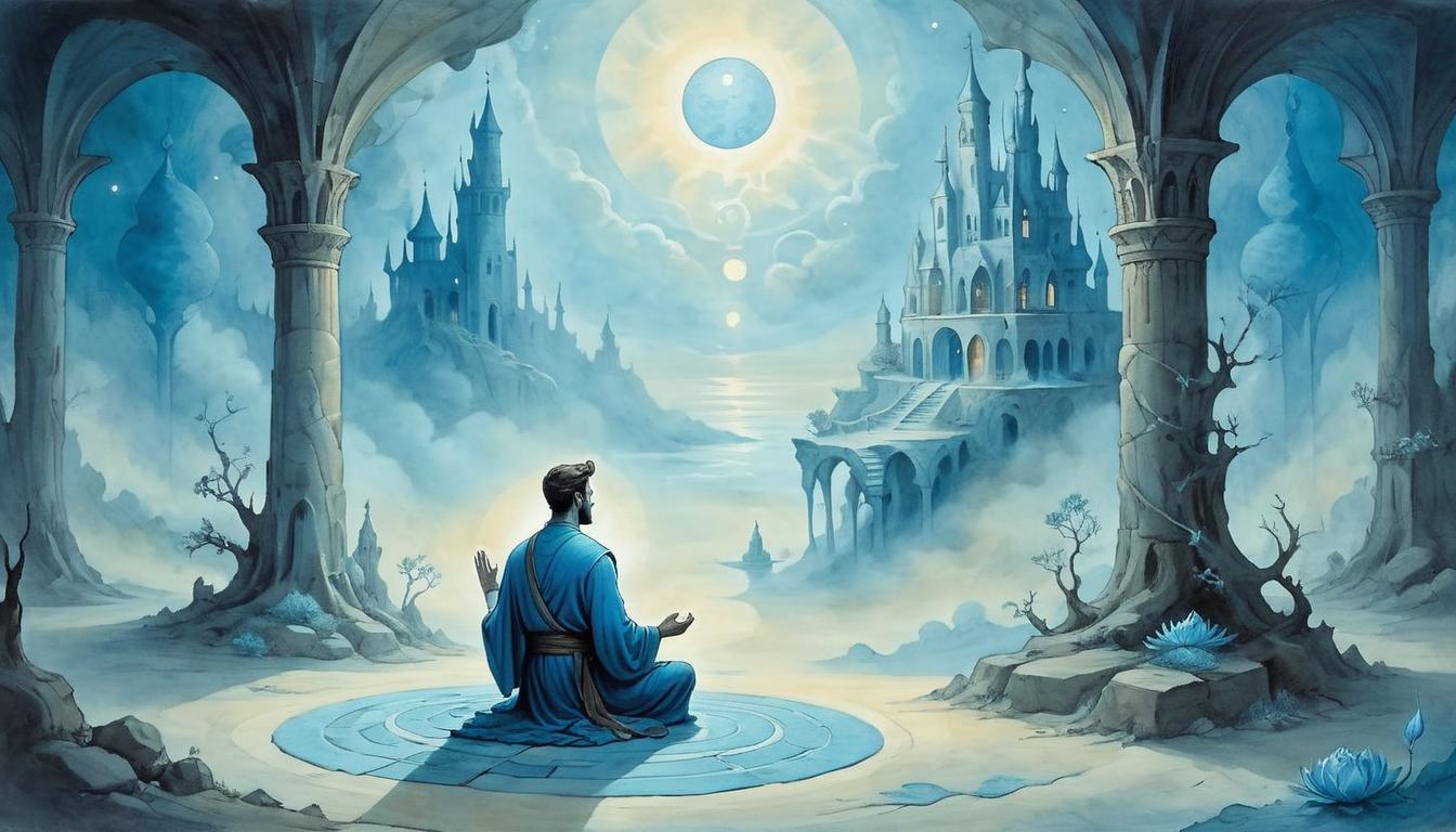  on parchment, surrealism+++, Figure in a meditative state, tranquil surroundings, soft blue light, ambiance of connection, spiritual realm presence, open and inviting(mysterious, provocative, symbolic,muted color)+++