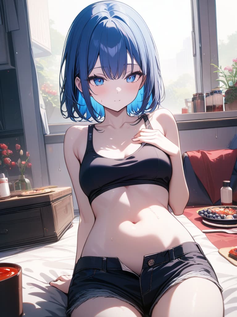  Cute, , blue hair, blue eyes, short bob, thin body, white skin, sauce, black tank top, , , stomach, shorts, room, blueberry decorations, masterpiece, best quality,8k,ultra detailed,high resolution,an extremely delicate and beautiful,hyper detail