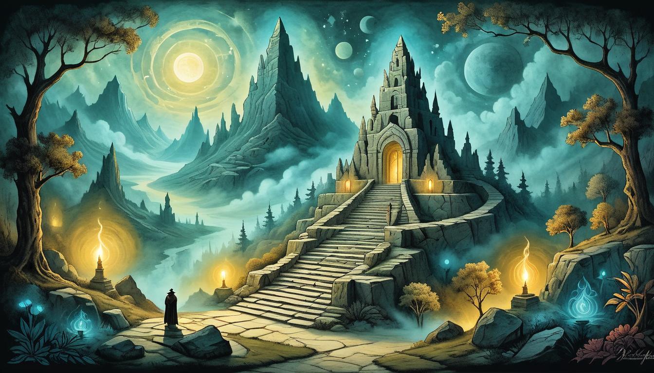  on parchment, surrealism+++, A series of ascending steps carved from ancient stone, each step glowing faintly, leading up to a radiant peak, aura of enlightenment(mysterious, provocative, symbolic,muted color)+++