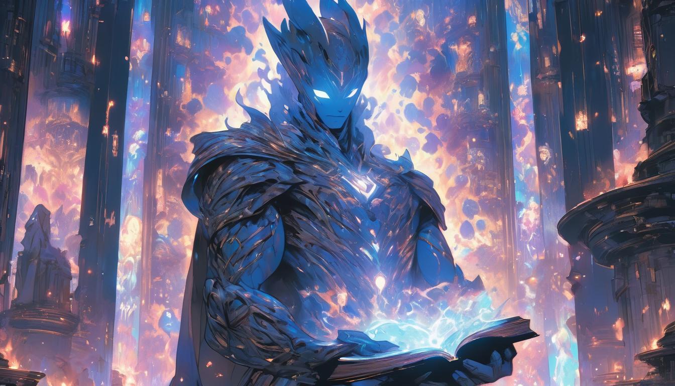  hyperrealism,fantasy aestheticThoth like figure, modern attire, holding ancient book, surrounded by glowing holographic texts, blending past and future, guardianship of knowledge, high tech clothing clad in sleek, futuristic costume with metallic accents and form fitting designs, marvel superhero comics style, unreal engine rendering