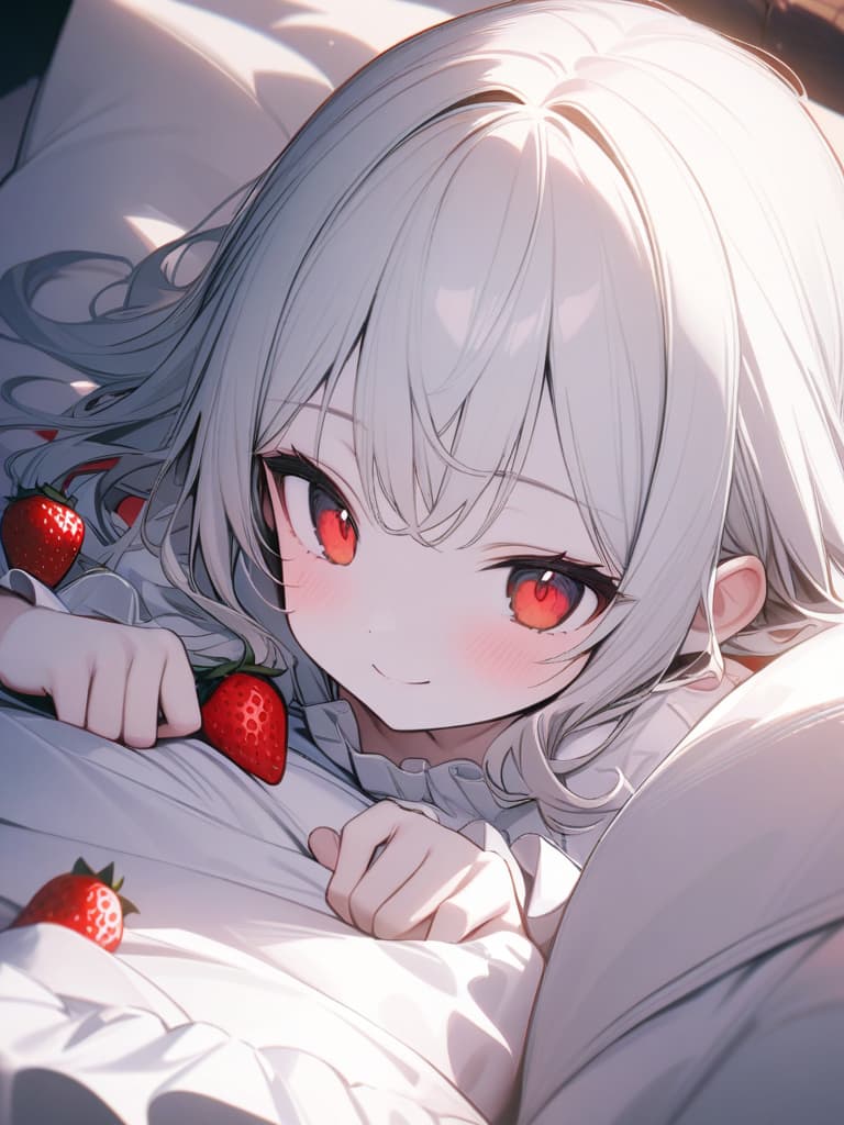  Cute, girl, big eyes, white skin, young face, thin body, pure white hair color, bright red eyes, fluffy hair, exposure, strawberry, smiles, red and white clothes, dress., masterpiece, best quality,8k,ultra detailed,high resolution,an extremely delicate and beautiful,hyper detail