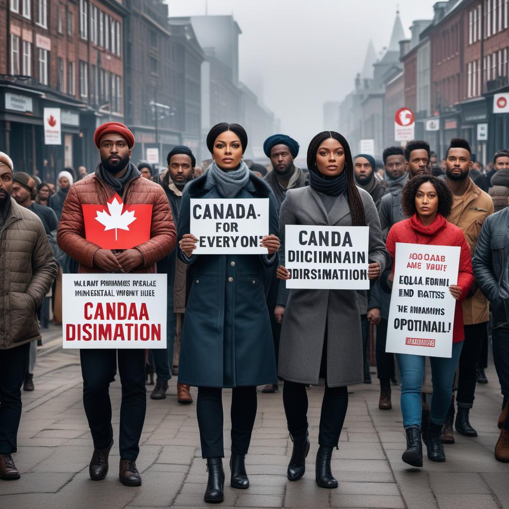  A solemn image of a diverse group of immigrants standing together, with serious and determined expressions, holding signs that read 'Canada is for Everyone', 'Equal Rights', and 'End Discrimination'. The top text reads 'When they promise a land of opportunity...' and the bottom text reads '...but you have to fight discrimination every step of the way.' hyperrealistic, full body, detailed clothing, highly detailed, cinematic lighting, stunningly beautiful, intricate, sharp focus, f/1. 8, 85mm, (centered image composition), (professionally color graded), ((bright soft diffused light)), volumetric fog, trending on instagram, trending on tumblr, HDR 4K, 8K