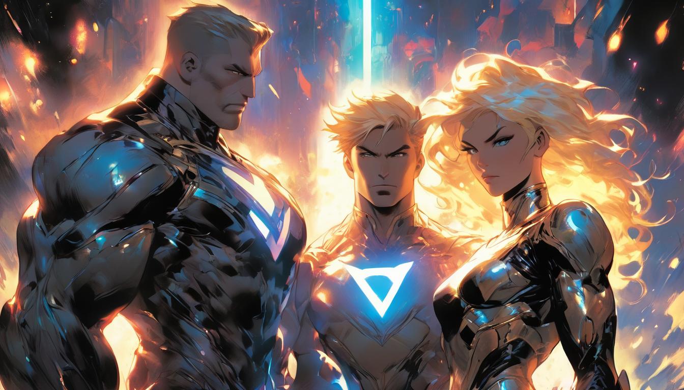  hyperrealism,fantasy aesthetic1man1woman, large busted attractive blonde arian female humanoid and handsome male humanoid, standing boldly, cosmic backdrop, determined expressions, radiant light, high tech clothing clad in sleek, futuristic costume with metallic accents and form fitting designs, marvel superhero comics style, unreal engine rendering