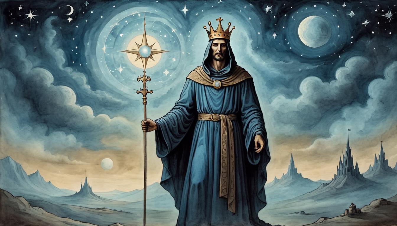  on parchment, surrealism+++, A robed figure with a celestial crown, standing before the night sky, divine presence, otherworldly, revered(mysterious, provocative, symbolic,muted color)+++