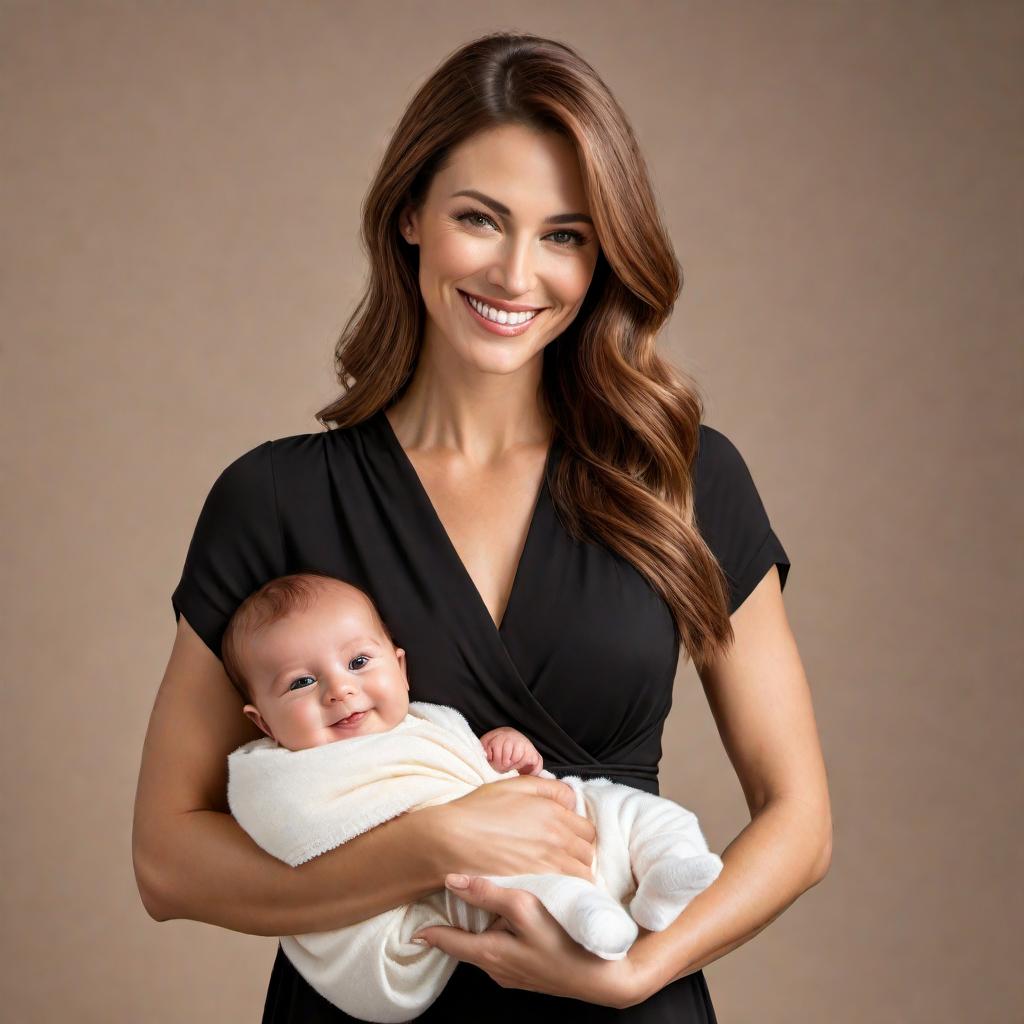  A brown haired slender woman holding a two-year-old baby boy with light brown hair, both smiling and happy. The baby is only wearing a diaper, and the woman is wearing a short black dress and no shoes. hyperrealistic, full body, detailed clothing, highly detailed, cinematic lighting, stunningly beautiful, intricate, sharp focus, f/1. 8, 85mm, (centered image composition), (professionally color graded), ((bright soft diffused light)), volumetric fog, trending on instagram, trending on tumblr, HDR 4K, 8K