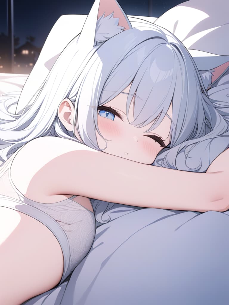  White long hair, cat ears, light blue eyes, night, bed, sleeping, cute, young , masterpiece, best quality,8k,ultra detailed,high resolution,an extremely delicate and beautiful,hyper detail