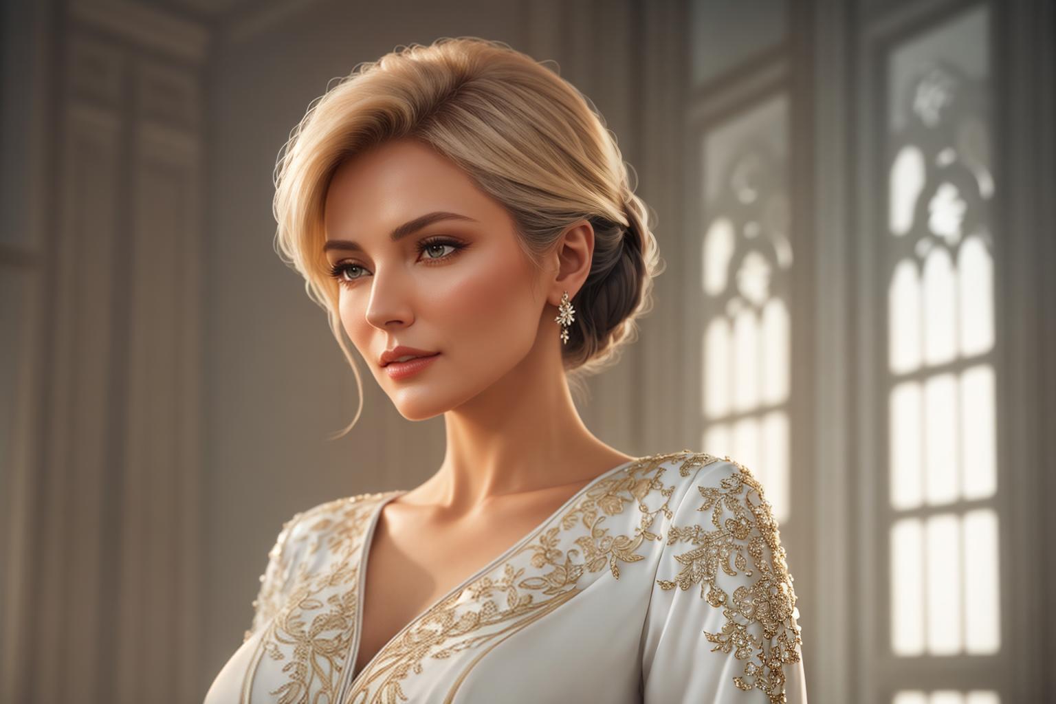  "Closeup of an elegant older woman wearing a stylish, high quality top. The top features a sophisticated design with intricate details, suitable for mature fashion. The background is a softly blurred, luxurious indoor setting with warm lighting, ensuring the focus remains on the top. The woman's expression is confident and content, highlighting the comfort and elegance of the clothing. The image is highly detailed and realistic, with a professional, high resolution finish. Style modifiers: elegant, sophisticated, luxurious. Quality modifiers: ultra realistic, high resolution, professional lighting. Mood: confident, content, refined."Ensure no face,leg,hand or eye defomities.Ensure all images are clear, detailed, contains no text and no defo hyperrealistic, full body, detailed clothing, highly detailed, cinematic lighting, stunningly beautiful, intricate, sharp focus, f/1. 8, 85mm, (centered image composition), (professionally color graded), ((bright soft diffused light)), volumetric fog, trending on instagram, trending on tumblr, HDR 4K, 8K