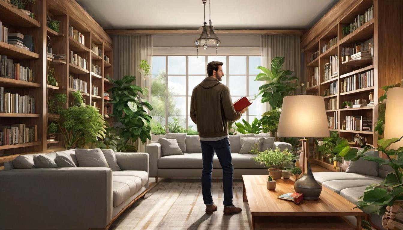  digital illustration, 1man, attentively listening to 1woman, both seated in a cozy living room with bookshelves and plants, woman expressing herself, man nodding and maintaining eye contact, comfortable clothes, warm lighting, mutual respect, looking at viewer, dynamic pose, (intricate details, masterpiece, best quality)