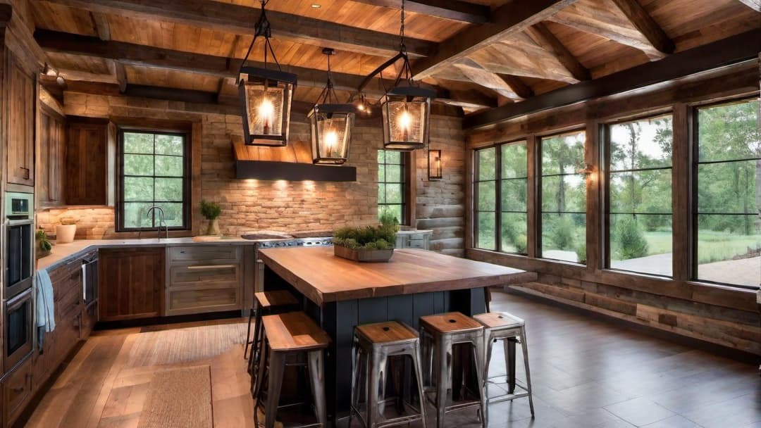  Rustic log cabin interior with warm ambient lighting, featuring wooden beams, vintage lantern style light fixtures, distressed metal chandeliers, and natural textures to enhance the cozy and inviting atmosphere