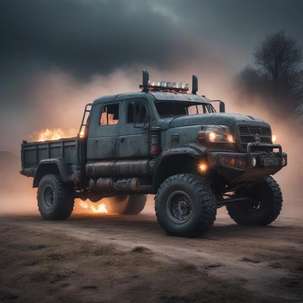  Truck for zombie apocalypse. hyperrealistic, full body, detailed clothing, highly detailed, cinematic lighting, stunningly beautiful, intricate, sharp focus, f/1. 8, 85mm, (centered image composition), (professionally color graded), ((bright soft diffused light)), volumetric fog, trending on instagram, trending on tumblr, HDR 4K, 8K