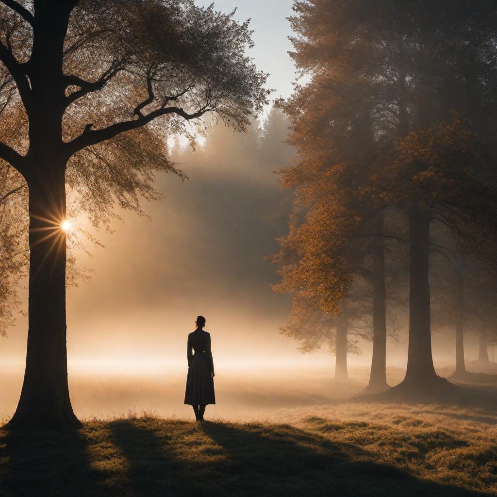  A serene setting with a person standing alone, gazing into the distance. The background is a sunset, casting long shadows. Ethereal whispers and echoes float around, blending into the scene, giving a sense of someone having drifted away in their mind while their body remains. Text of the poem overlays gently on the image: 'How long does it take for truth to dawn, When shadows whisper you're already gone? In silent echoes, the heart must see, The mind has wandered, setting free.' hyperrealistic, full body, detailed clothing, highly detailed, cinematic lighting, stunningly beautiful, intricate, sharp focus, f/1. 8, 85mm, (centered image composition), (professionally color graded), ((bright soft diffused light)), volumetric fog, trending on instagram, trending on tumblr, HDR 4K, 8K