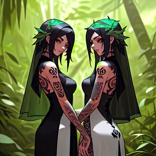  dos mujeres gemelas vestidas con tatuajes en una selva y un hombre mayor alejado de ellas