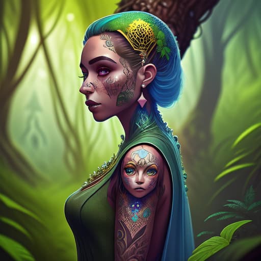 in OliDisco style dos mujeres gemelas vestidas con tatuajes en una selva y un hombre mayor alejado de ellas