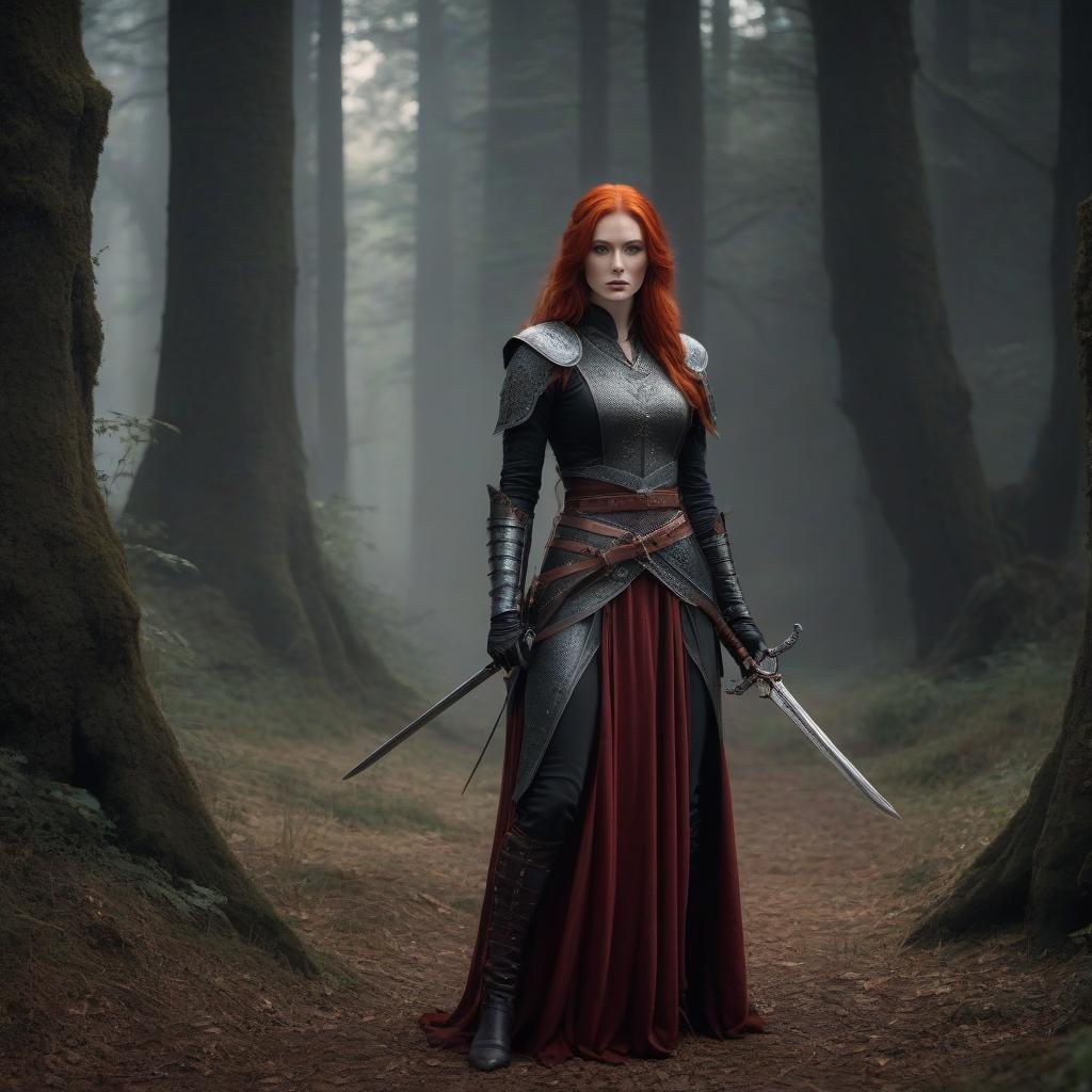  macabre style A tall red haired girl with a two handed sword in medieval fantasy. . dark, gothic, grim, haunting, highly detailed hyperrealistic, full body, detailed clothing, highly detailed, cinematic lighting, stunningly beautiful, intricate, sharp focus, f/1. 8, 85mm, (centered image composition), (professionally color graded), ((bright soft diffused light)), volumetric fog, trending on instagram, trending on tumblr, HDR 4K, 8K