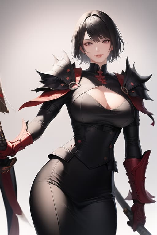  black hair, very very short hair, older sister, mature, white dress shirt, red corset, black leather pants, long katana, from head to thigh, muscular, precise eyes, precise hands, Japanese armor on shoulders and arms, smiling, (Masterpiece, BestQuality:1.3), (ultra detailed:1.2), (hyperrealistic:1.3), (RAW photo:1.2),High detail RAW color photo, professional photograph, (Photorealistic:1.4), (realistic:1.4), ,professional lighting, (japanese), beautiful face, (realistic face)