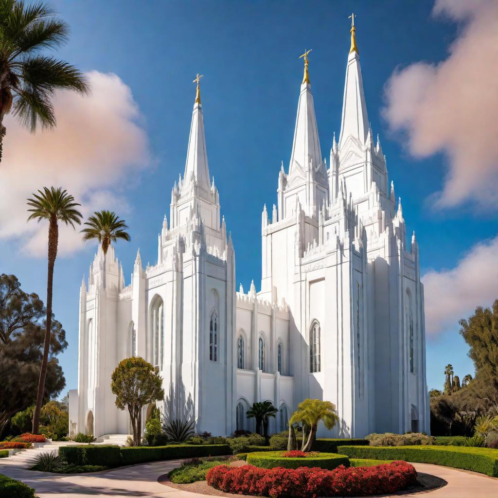  A picture of the San Diego LDS temple. The temple is a large, striking white building with distinctive spires and beautiful architectural design. It is surrounded by lush, well-maintained gardens, and the scene is set against a clear blue sky. hyperrealistic, full body, detailed clothing, highly detailed, cinematic lighting, stunningly beautiful, intricate, sharp focus, f/1. 8, 85mm, (centered image composition), (professionally color graded), ((bright soft diffused light)), volumetric fog, trending on instagram, trending on tumblr, HDR 4K, 8K