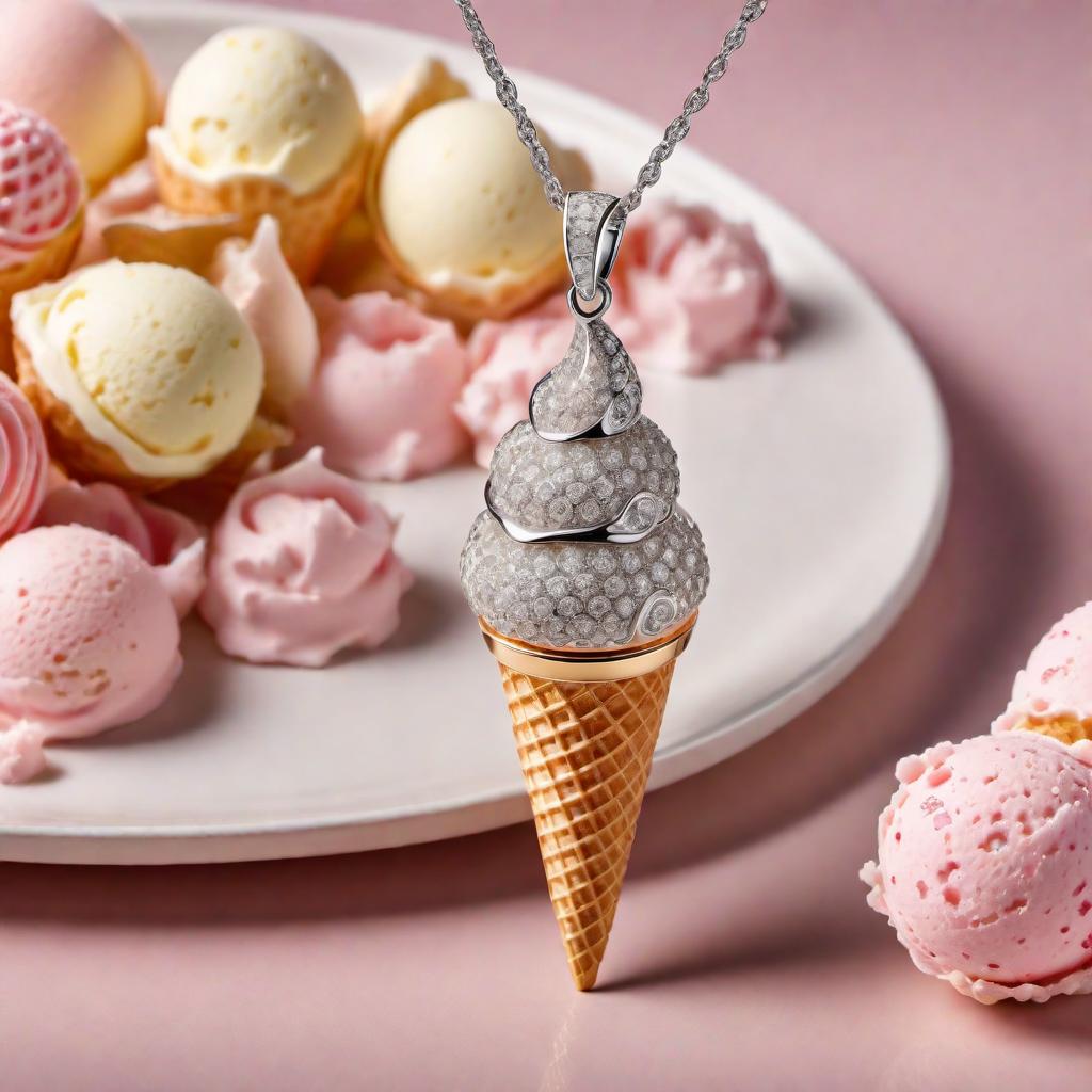  A diamond-encrusted ice cream cone pendant. The pendant should have an intricately designed cone studded with sparkling diamonds. The ice cream part should look like a swirl of ice cream, also covered in diamonds, giving it a luxurious and elegant appearance. The entire pendant should have a shiny and polished finish, reflecting light brilliantly. hyperrealistic, full body, detailed clothing, highly detailed, cinematic lighting, stunningly beautiful, intricate, sharp focus, f/1. 8, 85mm, (centered image composition), (professionally color graded), ((bright soft diffused light)), volumetric fog, trending on instagram, trending on tumblr, HDR 4K, 8K