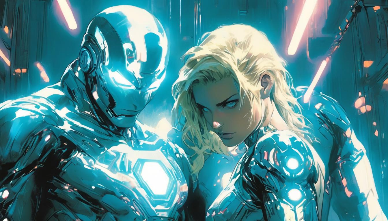  hyperrealism,fantasy aesthetic1man1woman, large busted attractive blonde arian female humanoid and handsome blonde male humanoid, futuristic medical examination setting, light beams scanning their bodies, serene expressions, high tech clothing clad in sleek, futuristic costume with metallic accents and form fitting designs, marvel superhero comics style, unreal engine rendering