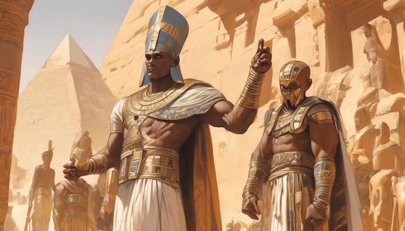  hyperrealism,fantasy aestheticA detailed illustration of Imhotep, ancient Egyptian attire, holding architectural plans and a stylus, backdrop of partially built pyramids, embodiment of wisdom and innovation, figure of inspiration, ancient genius, high tech clothing clad in sleek, futuristic costume with metallic accents and form fitting designs, marvel superhero comics style, unreal engine rendering