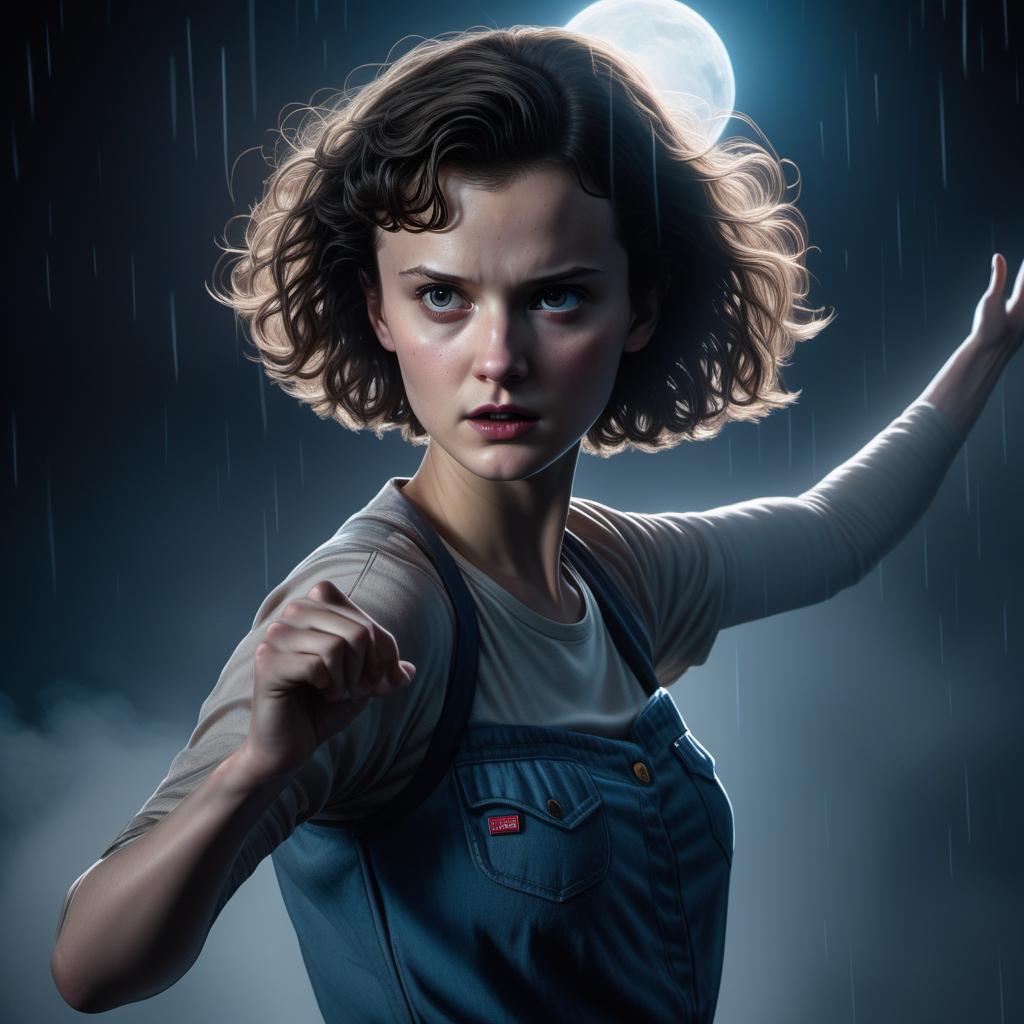  A hand-drawn style scene of Eleven from Stranger Things using her telekinetic powers. Eleven is in a dynamic pose with her arm outstretched and eyes focused. Her face shows determination, and a slight nosebleed is visible, indicating the strain of her power. Objects around her are floating and trembling due to her abilities. The background is dark and ominous, with an atmosphere filled with tension and energy, capturing the powerful moment of Eleven's action. The art style should mimic traditional drawing techniques, with detailed line work and shading. hyperrealistic, full body, detailed clothing, highly detailed, cinematic lighting, stunningly beautiful, intricate, sharp focus, f/1. 8, 85mm, (centered image composition), (professionally color graded), ((bright soft diffused light)), volumetric fog, trending on instagram, trending on tumblr, HDR 4K, 8K