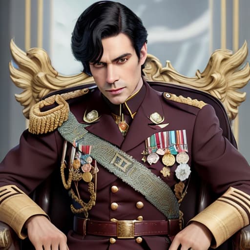  A handsome Boy,purple eyes,jet black hair,wyvern wings,stern expression,wears an world war two era German admiral uniform,sitting on a throne in a gallant porcelain room,male,solo,high resolution,detailed hyperrealistic, full body, detailed clothing, highly detailed, cinematic lighting, stunningly beautiful, intricate, sharp focus, f/1. 8, 85mm, (centered image composition), (professionally color graded), ((bright soft diffused light)), volumetric fog, trending on instagram, trending on tumblr, HDR 4K, 8K