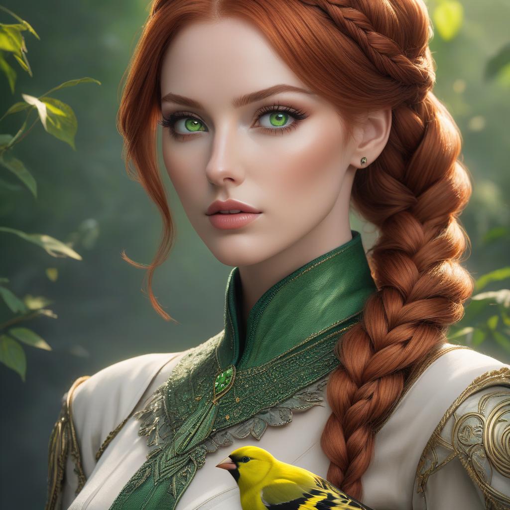  Digital artwork of a woman with striking green eyes and auburn braided hair, over a textured background. gorgeous redhead model with green eyes, goldfinch flying, smooth and realistic portrait, smooth and intricate, high definition, realistic, clear and detailed eyes, hi res, photorealistic, Nikon Z9, 85mm F1.2, DOF, smooth and realistic hyperrealistic, full body, detailed clothing, highly detailed, cinematic lighting, stunningly beautiful, intricate, sharp focus, f/1. 8, 85mm, (centered image composition), (professionally color graded), ((bright soft diffused light)), volumetric fog, trending on instagram, trending on tumblr, HDR 4K, 8K