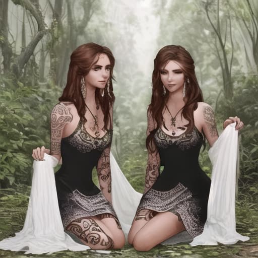  dos mujeres gemelas vestidas con tatuajes en una selva y un hombre mayor alejado de ellas