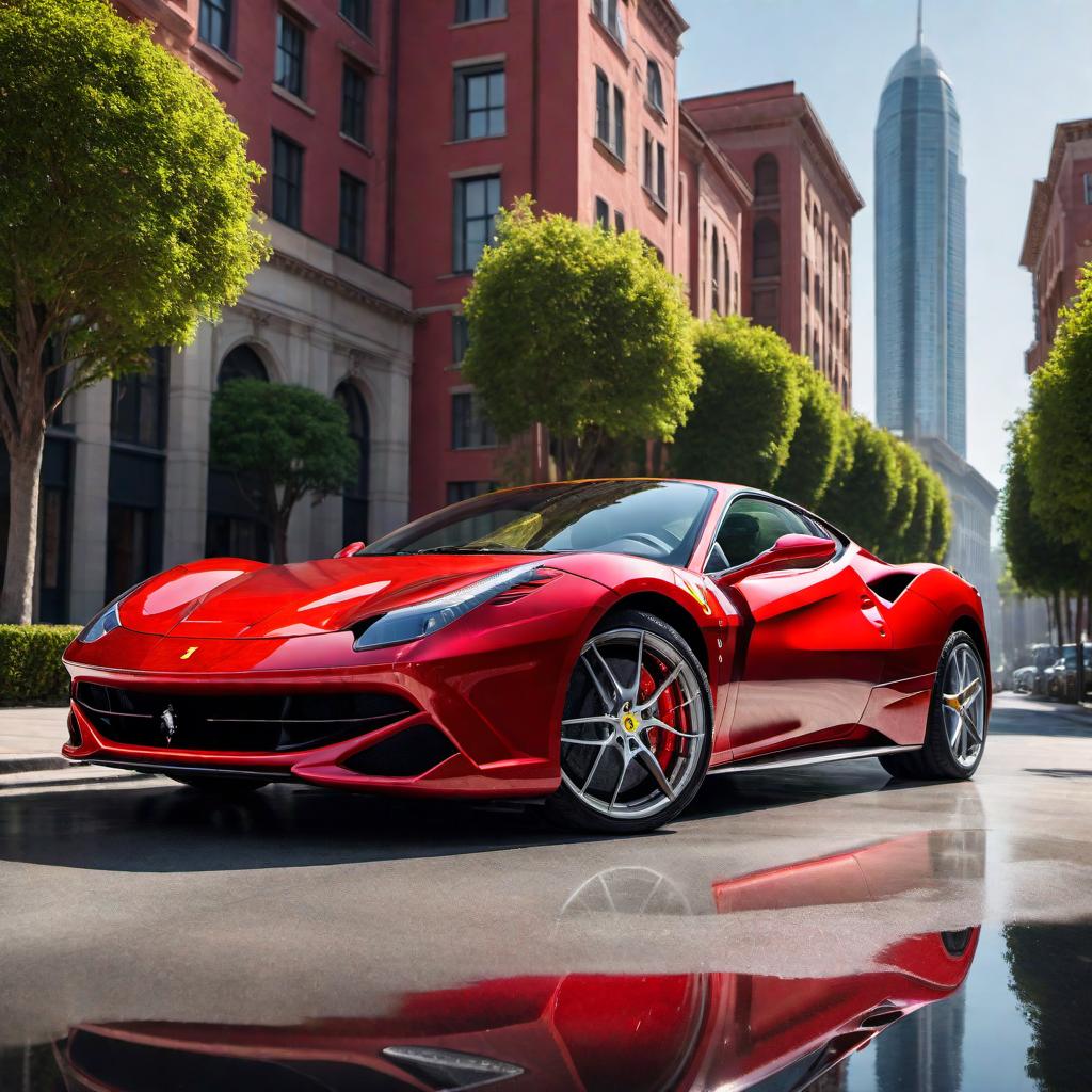  A high-definition image of a sleek, red Ferrari sports car with detailed reflections and shiny paint. The car should be set against an urban background with modern buildings and a clear sky. hyperrealistic, full body, detailed clothing, highly detailed, cinematic lighting, stunningly beautiful, intricate, sharp focus, f/1. 8, 85mm, (centered image composition), (professionally color graded), ((bright soft diffused light)), volumetric fog, trending on instagram, trending on tumblr, HDR 4K, 8K