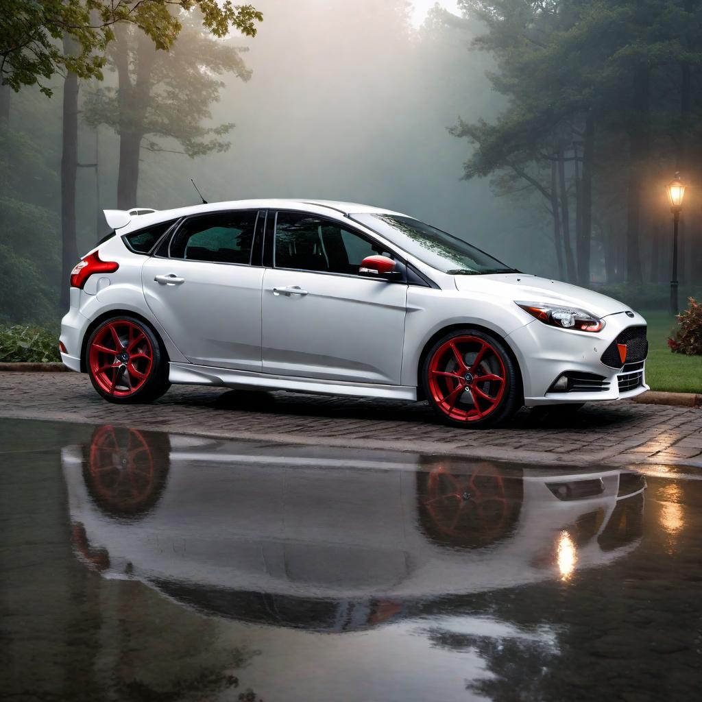  2013 Ford Focus ST in white. Emphasize the sporty design, detailed headlights, front grille, and stylish wheels. Place the car in a scenic background with good lighting to showcase its features. hyperrealistic, full body, detailed clothing, highly detailed, cinematic lighting, stunningly beautiful, intricate, sharp focus, f/1. 8, 85mm, (centered image composition), (professionally color graded), ((bright soft diffused light)), volumetric fog, trending on instagram, trending on tumblr, HDR 4K, 8K