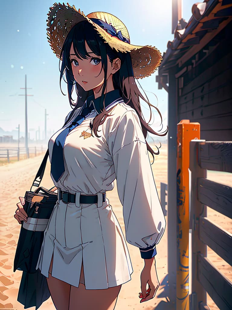  (score 9), score 8 up, highres, 1girl, anime, school uniform, straw hat, desert hyperrealistic, full body, detailed clothing, highly detailed, cinematic lighting, stunningly beautiful, intricate, sharp focus, f/1. 8, 85mm, (centered image composition), (professionally color graded), ((bright soft diffused light)), volumetric fog, trending on instagram, trending on tumblr, HDR 4K, 8K