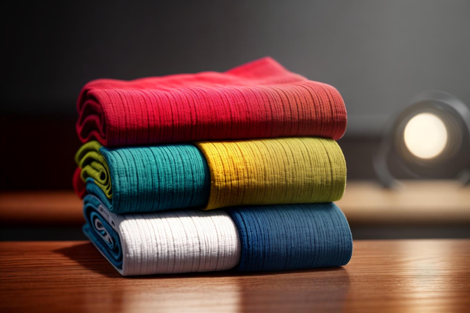  "Closeup of a stylish, folded stack of various colorful clothes on a wooden table, showcasing different textures and fabrics. The background is a softly blurred, modern retail store interior with warm lighting, highlighting the clothes without distraction. The image is detailed and realistic, with high quality textures and vibrant colors. The mood is inviting and exciting, emphasizing the clearance sale's appeal. Style modifiers: ultra realistic, high definition, professional lighting, and shallow depth of field."Ensure no face,leg,hand or eye defomities.Ensure all images are clear, detailed, contains no text and no deformities. realistic, highly detailed, photorealistic, cinematic lighting, intricate, sharp focus, f/1.8, 85mm, (centered im hyperrealistic, full body, detailed clothing, highly detailed, cinematic lighting, stunningly beautiful, intricate, sharp focus, f/1. 8, 85mm, (centered image composition), (professionally color graded), ((bright soft diffused light)), volumetric fog, trending on instagram, trending on tumblr, HDR 4K, 8K