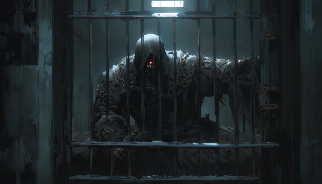  hyperrealism,fantasy aestheticDark, damp prison cell, chains and shackles, Jan Hus looking through small barred window, surrounded by shadows, high tech clothing clad in sleek, futuristic costume with metallic accents and form fitting designs, marvel superhero comics style, unreal engine rendering