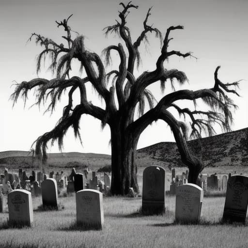  Old west style graveyard with a large dead tree in the background.