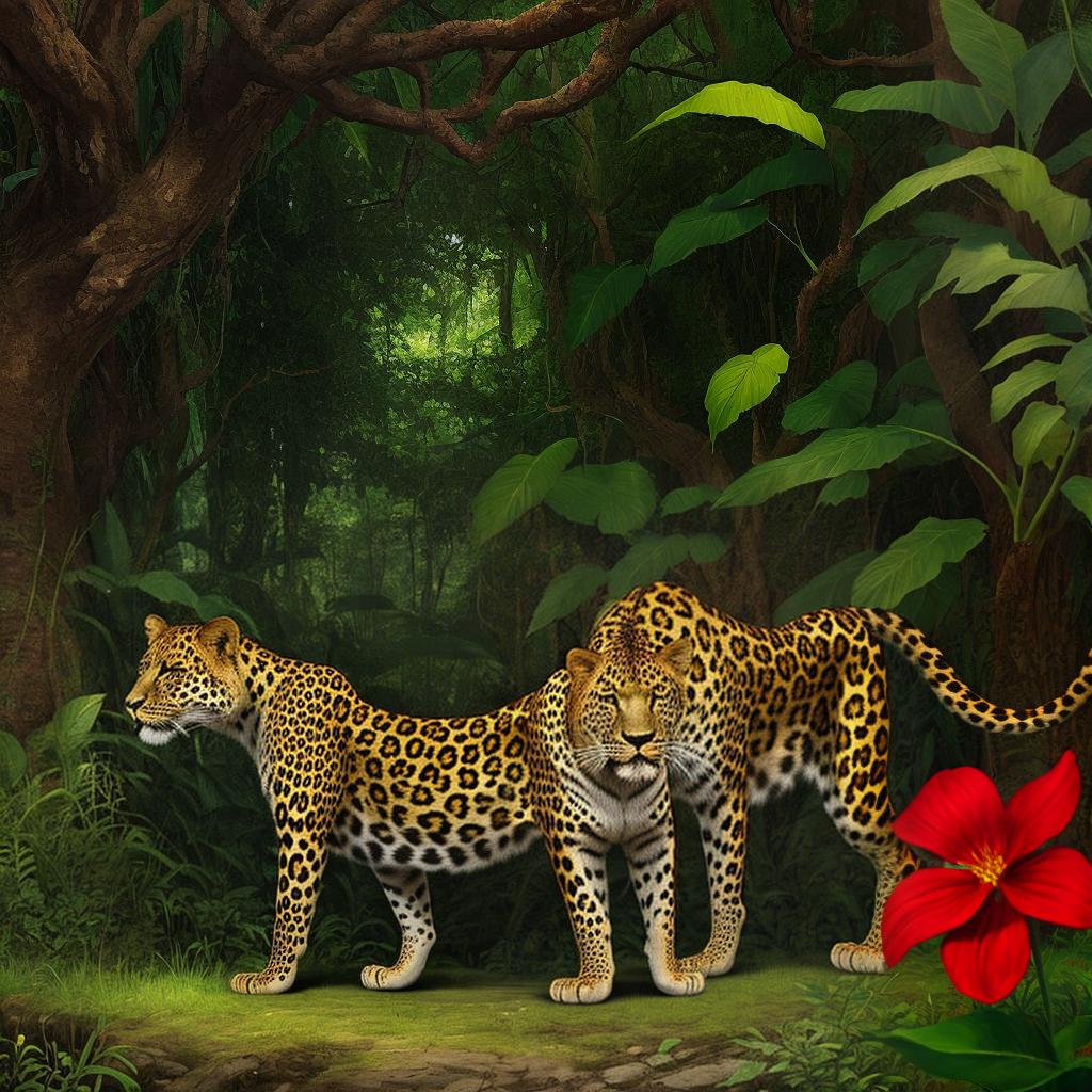  masterpiece, best quality, Leopard, jungle, snake, flowers, lion,