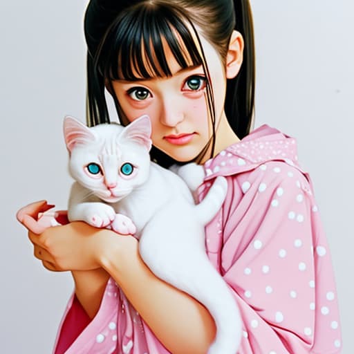  Little anime girl holding a white and spotted kitty