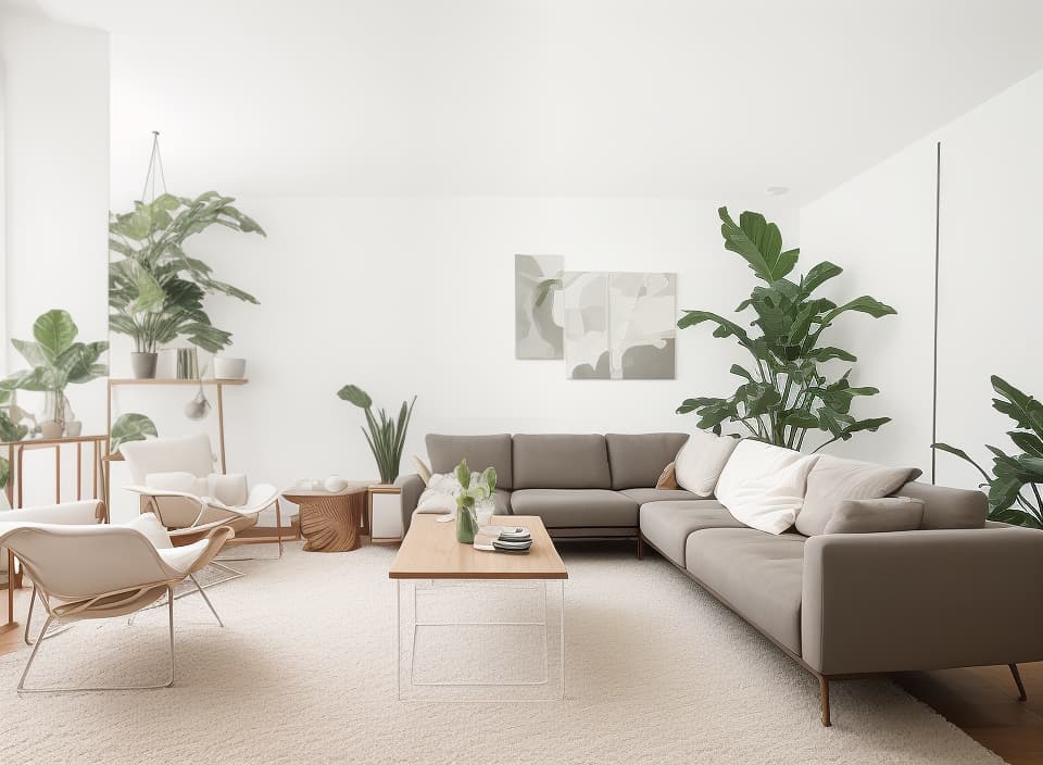  Living Room, Cozy, comfortable, family time, relaxation, entertainment, decor, furniture, lighting The room depicted in the image exhibits a minimalist and contemporary living room theme, emphasizing clean lines and neutral tones. Contemporary minimalist living room with a white sectional sofa, wooden accent chairs, geometric rug, and large leaf artwork. minimalist, contemporary, living room, white sectional sofa, wooden accent chairs, geometric rug, large leaf artwork earhty colors