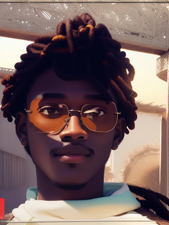  sun glasses, brown skin,boy, dreads,, (masterpiece, best quality), intricate details, HDR 4K, 8K