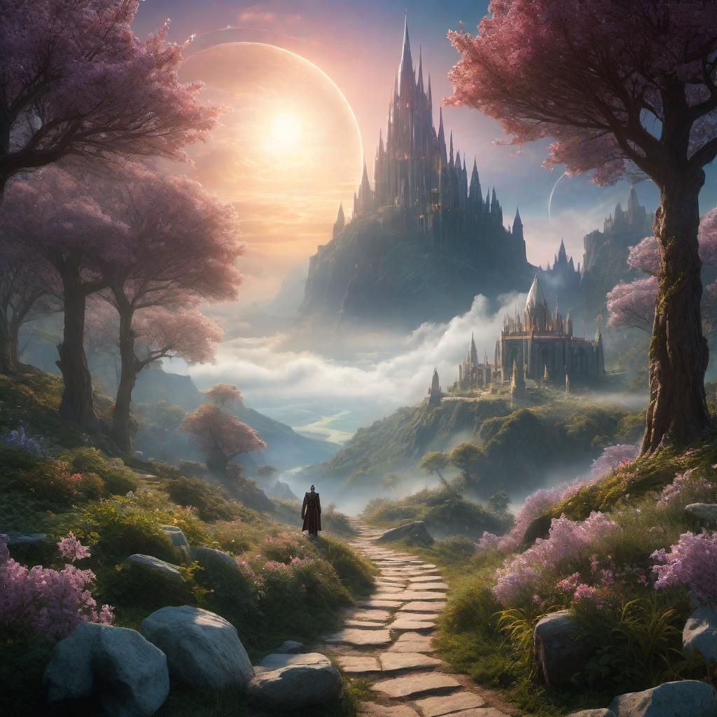  A fantasy scene depicting the phrase 'Ad lucem' (meaning 'to the light' in Latin). The scene should evoke a sense of magical journey and spiritual awakening towards enlightenment. There should be an otherworldly landscape featuring a radiant, mystical light source in the distance with a winding, enchanting path leading to it. The surroundings should include elements like glowing plants, luminescent crystals, and ethereal mist. The sky should be a fantastical blend of twilight colors with stars and perhaps a couple of moons or planet-like celestial bodies. In the foreground, a mythical creature or a heroic figure, such as an elf or a knight, could be seen walking towards the light, symbolizing the quest for wisdom or ultimate truth. hyperrealistic, full body, detailed clothing, highly detailed, cinematic lighting, stunningly beautiful, intricate, sharp focus, f/1. 8, 85mm, (centered image composition), (professionally color graded), ((bright soft diffused light)), volumetric fog, trending on instagram, trending on tumblr, HDR 4K, 8K