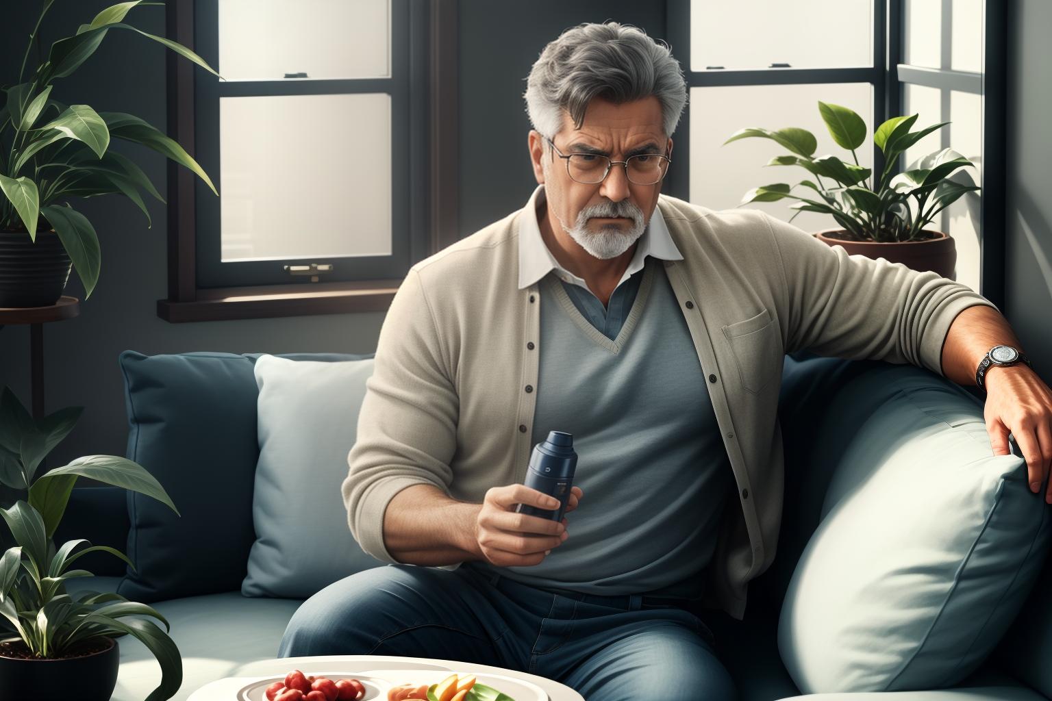  "Realistic image of a middle aged male sitting on a couch in a modest living room, holding an inhaler close to his mouth, taking a deep breath. His expression shows mild distress but also relief. The background features a window with soft daylight filtering through, a small table with a glass of water, and a few houseplants, creating a calm and supportive environment. The focus is on the man and the inhaler, highlighting the struggle and the relief provided by the medical device. The image is detailed, close up, and realistic, with a warm, empathetic tone."Ensure no face,leg,hand or eye defomities.Ensure all images are clear, detailed, contains no text and no deformities. realistic, highly detailed, photorealistic, cinematic lighting, intri hyperrealistic, full body, detailed clothing, highly detailed, cinematic lighting, stunningly beautiful, intricate, sharp focus, f/1. 8, 85mm, (centered image composition), (professionally color graded), ((bright soft diffused light)), volumetric fog, trending on instagram, trending on tumblr, HDR 4K, 8K